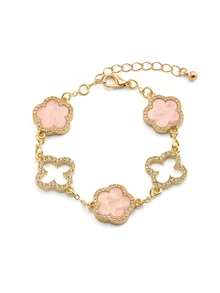 1pc Luxury Elegant Rhinestone Hollow Clover & Flower Charm Bracelet For Women (No Gift Box) SummerOutfit,Festival Fits,Elegant Outfit - Pink - View 2