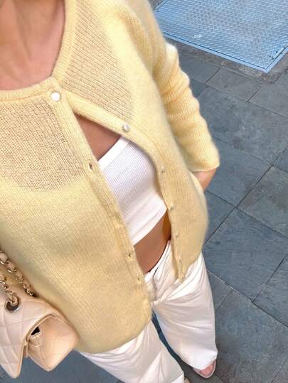 Women's Solid Color Minimalist Long Sleeve Cardigan, Spring/Summer New Solid Color Button Long Sleeve Oversized Knit Cardigan, Suitable For Women's Casual Vacation