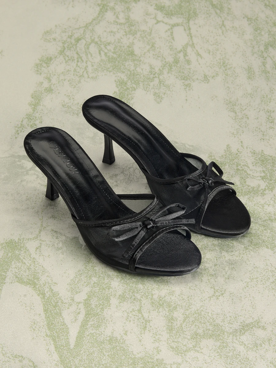 Giày sandal cao gót hở mũi thoáng khí bằng lưới dành cho nữ, kiểu dáng tối giản đa năng với nơ, phong cách mùa hè mới, phù hợp cho các lễ hội, trang phục thanh lịch. - màu đen - Xem 1