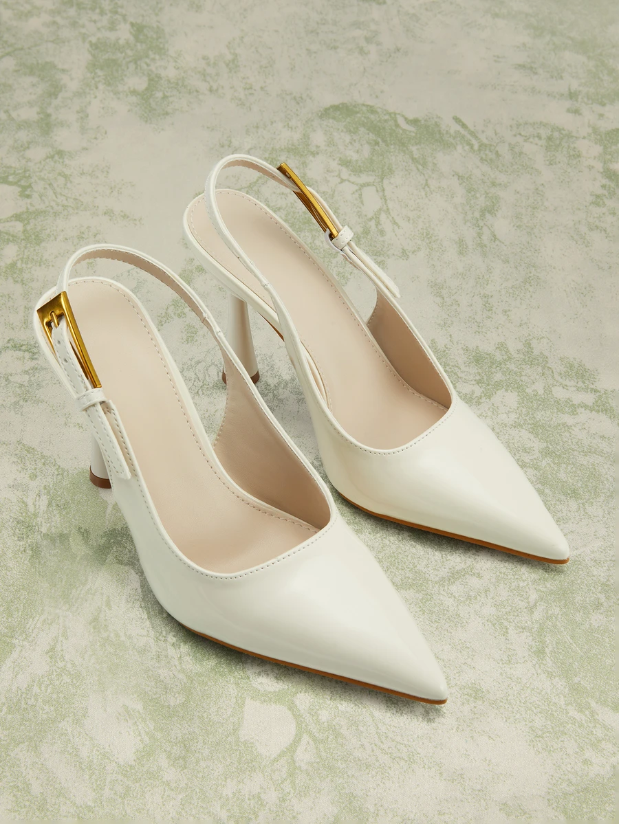 Rylithe Zapatos de tacón con punta puntiaguda, hebilla y piel de patente para mujer, elegantes, zapatos de tacón para mujer, elegantes, atuendos de boda - Blanco - Ver 1