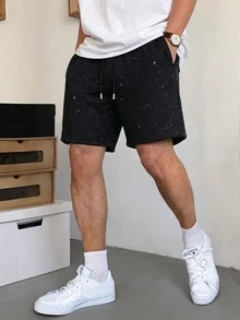 男士黑色简约通勤抽绳短裤，饰有滚边，舒适休闲的夏季及膝短裤 - 黑色 - 查看 4