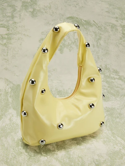 Rylithe 1pc Women's Retro Punk Boho Style Ocean Decor Beach Bag, Crocheted Rivet Oiled Leather Large Capacity Shoulder Satchel, Suitable For Outings, Parties, And Daily Wear , Goth , Punk, Yellow SummerOutfit,Festival Fits,Elegant Outfit
