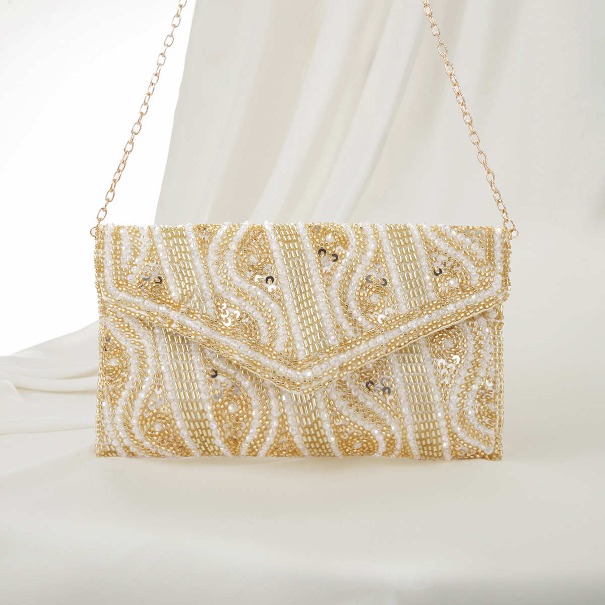 Embrague con cuentas de lujo - Bolso de sobre bordado con lentejuelas doradas hechas a mano LU VAVA con correa de cadena desmontable, bolso de fiesta