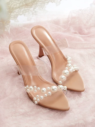 Rylithe Damen Perlen Dekor transparente High Heel Sandalen, modische und bequeme einfache Spitze Zehen High Heel Sandalen für Sommerfeste, Sommerkostüme, Festivals, elegante Outfits