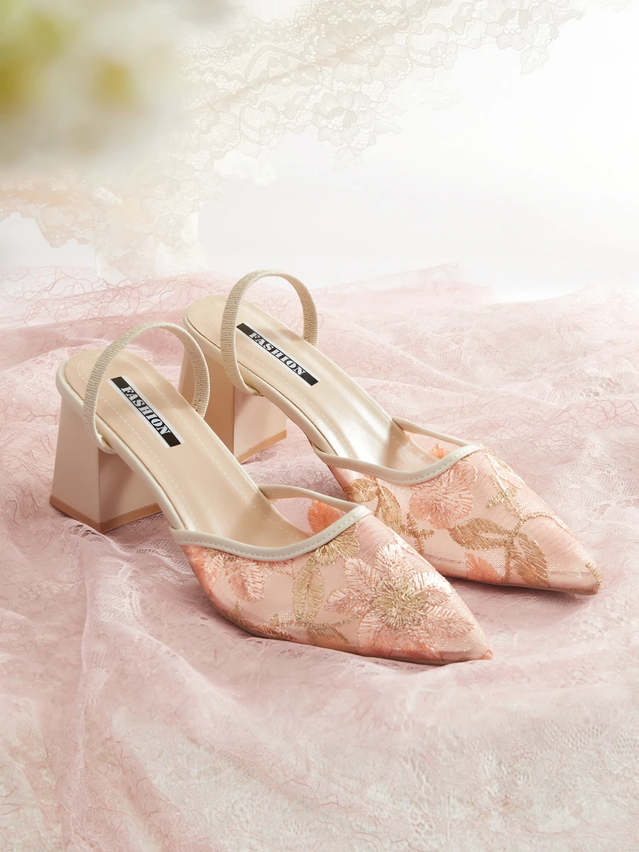 Rylithe 新款中国风白色高跟穆勒鞋，女士尖头蕾丝刺绣一脚蹬凉鞋，优雅，女士高跟鞋，优雅，派对装扮，夏季装扮 - 粉色 - 查看 1