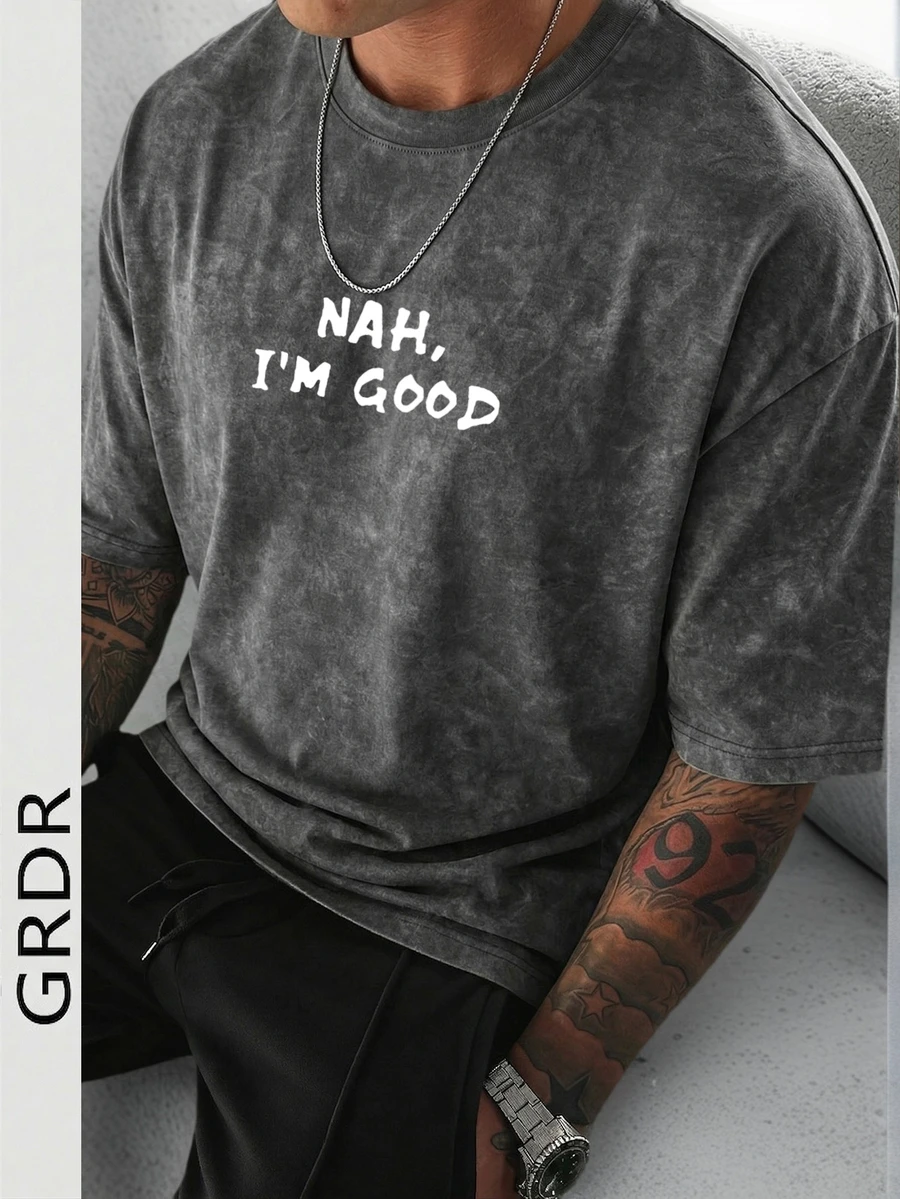 GRDR Men's Summer Letter Print Casual Round Neck Short Sleeve Washed T-Shirt, Comfortable & Fashionable - Dark Grey - View 1