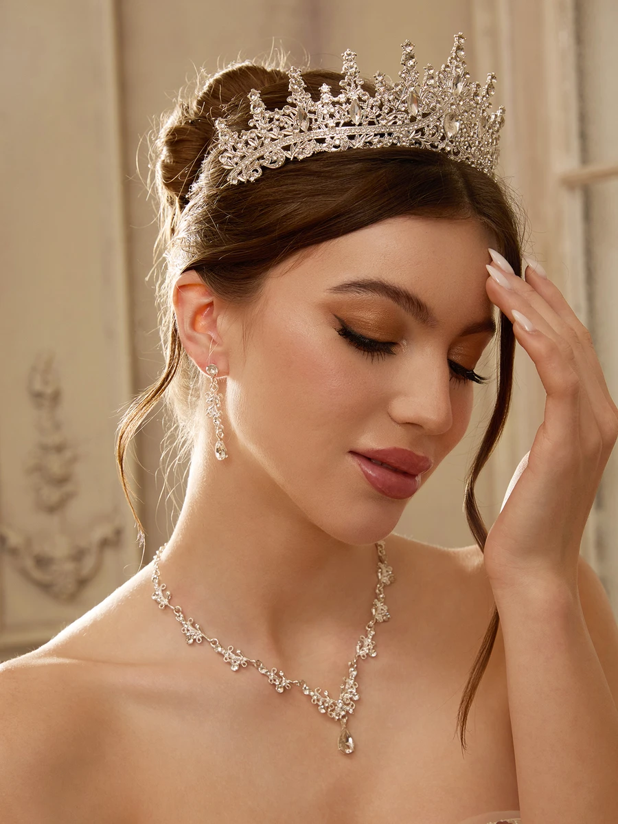 Etoivie 1 Set Bridal Silver Color Jewelry Set Including Crown Tiara, Necklace And Earrings, Classic Crystal Rhinestone Design, For Wedding Dress, Bridesmaids Or Party Occasions Halloween Wedding Wedding - Silver - View 1
