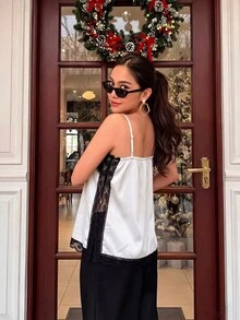 Áo Cami hai dây phối ren satin dành cho nữ - Áo Camisole mùa hè màu kaki quyến rũ với đường xẻ tà bên hông. - trắng - Xem 3