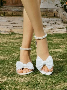 Hatastic 1.18in Fashionable Women's Low Heel Sandals, White Buckle Bow Round Toe Square Chunky Heel Shoes, 2.8CM Retro Roman Gladiator Sexy Summer Sandals, Suitable For Wedding Dresses, Parties, Plus Size 40-44 Music Fest Back To School - White - View 4