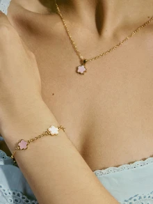 两件套，包含一条吊坠项链和一条手链，时尚奢华个性化简约金色星星花朵椭圆形首饰套装，适合作为女友礼物、婚礼礼物、毕业礼物、约会礼物或音乐节礼物 - 粉色 - 查看 3