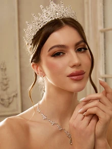 Etoivie 1 Set Bridal Silver Color Jewelry Set Including Crown Tiara, Necklace And Earrings, Classic Crystal Rhinestone Design, For Wedding Dress, Bridesmaids Or Party Occasions Halloween Wedding Wedding - Silver - View 4