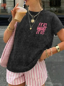 Women's T-Shirt, "It Is What It Is" Double-Sided Print, Vintage Washed Casual T-Shirt, Y2K Street Style Summer Top, Suitable For Everyday Wea Black - Black - View 2