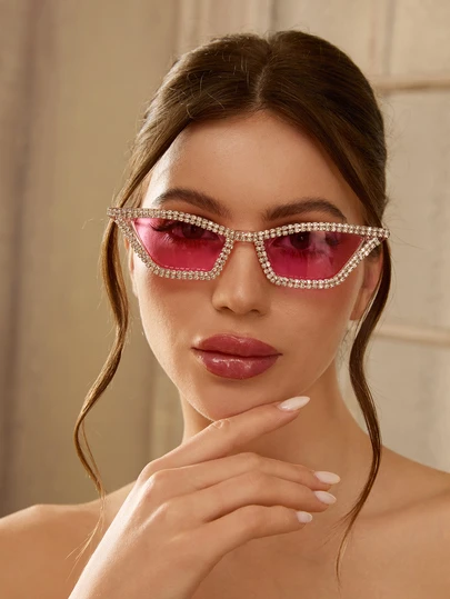 Etoivie 1 副女士水钻和水晶装饰粉色镜框 Y2K 奢华派对时尚眼镜，可爱猫眼款式适合海滩、主题派对、婚礼（附清洁布）Y2KFest 音乐节适合夏季海滩度假、户外、旅行太阳镜水钻装饰派对风格猫眼镜框适合音乐节学院风适合返校