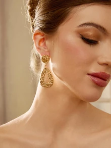 Etoivie 1 paire Boucles d'oreilles géométriques vintage en alliage texturé en forme de goutte d'eau pour femmes, idéal pour les cadeaux et les festivals - Or jaune - Voir 4