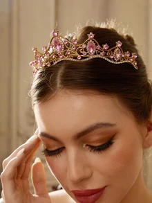 1件装女士优雅公主3D皇冠水钻发箍生日发饰头饰皇冠发饰花环头饰，婚礼，伴娘礼物，派对造型 - 粉紅色 - 查看 4