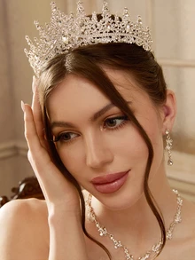 Etoivie 1 Set Bridal Silver Color Jewelry Set Including Crown Tiara, Necklace And Earrings, Classic Crystal Rhinestone Design, For Wedding Dress, Bridesmaids Or Party Occasions Halloween Wedding Wedding - Silver - View 5