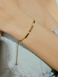 Hatastic Gold Plated Stainless Steel Curved Tube Charm Bracelet With Pull Cord, Adjustable For Daily Wear Music Fest Back To School - Gold - View 3