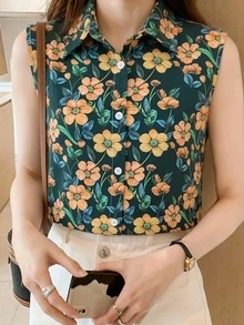優雅女款無袖襯衫領上衣，滿版花卉圖案，標準長度聚酯纖維上衣，適合日常穿著、度假與夏季 - 寶石藍色 - 查看 1