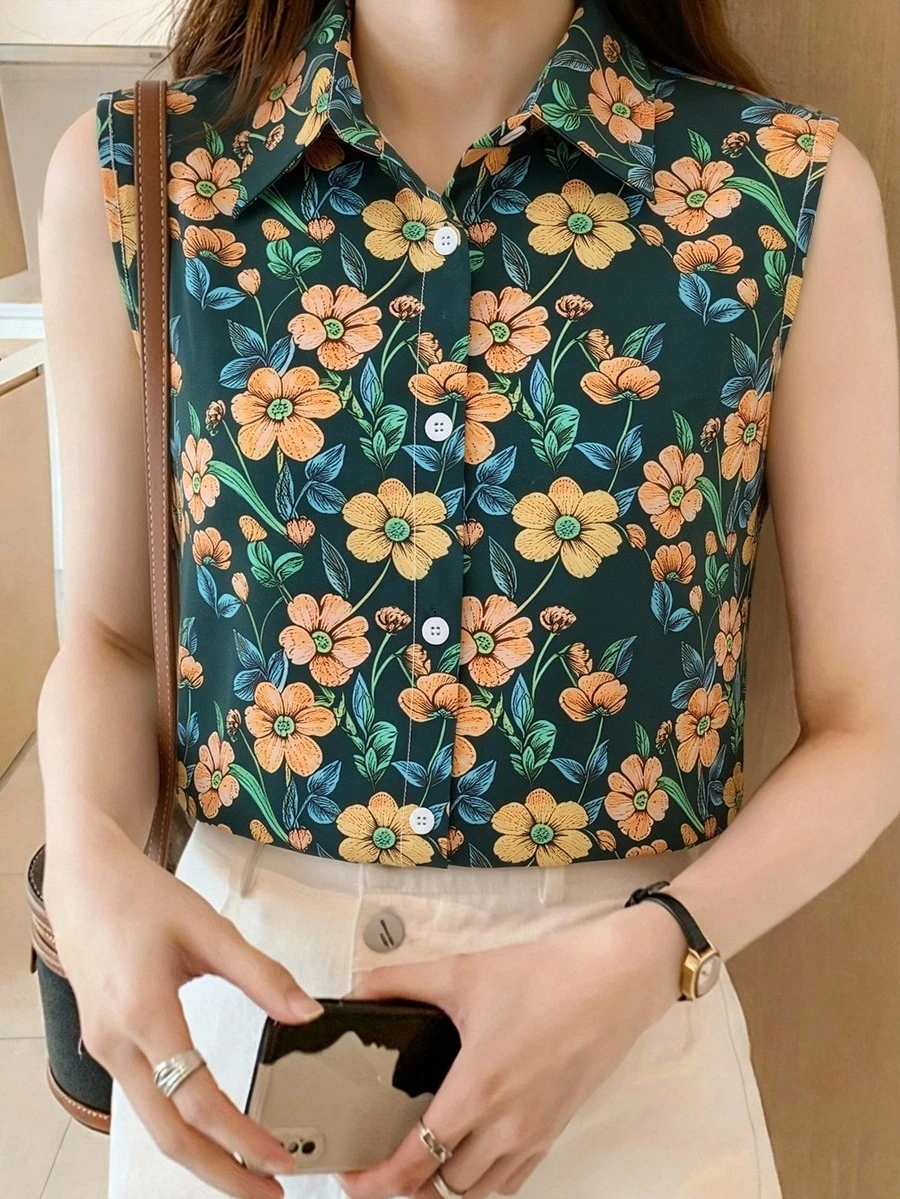 優雅女款無袖襯衫領上衣,滿版花卉圖案,標準長度聚酯纖維上衣,適合日常穿著、度假與夏季 - 寶石藍色 - 查看 1