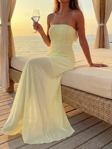 Đầm chiffon không tay, cúp ngực, chấm bi thanh lịch Plameo dành cho nữ, dáng chữ A ôm sát, chất liệu không co giãn, thích hợp cho các dịp hè/kỳ nghỉ/đi biển/hẹn hò. - Màu vàng - Xem 2
