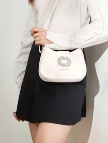 Clariva Mini Shoulder Bag With Rhinestone Decor Armpit Pouch, Multifunctional And Fashionable Rhinestone Sparkling Saddle Underarm Bag, PU Leather Texture Wallet Stylish Multifunctional Clutch - White - View 3