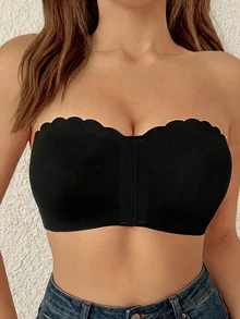 Women's Front Closure Gathered Bandeau Strapless Bra, Basic Black Seamless Removable Padded Invisible Strap Cropped Bra, Comfortable Wireless Bra - Black - View 3
