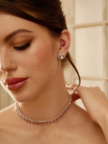 Etoivie 1套水晶項鍊和耳環珠寶套裝 - 粉色 - 查看 3