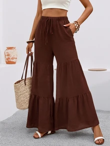 女士休闲裤，棕色，阔腿，松紧腰，带口袋，丝滑面料，波西米亚风格，宽松舒适 - 棕色 - 查看 1