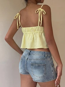 Áo hai dây ngắn màu vàng, không tay, thiết kế thắt nút, chất liệu vải dệt, thời trang và đa năng cho mùa hè. - Màu vàng - Xem 3