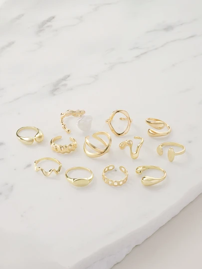 Clariva 12pcs/Set Creative Fashion Multi-Element Metal Hollow Geometric Liquid Abstract Teardrop Design Open Rings, Vintage Bohemian Baroque Style Faux Pearl Decor Ring Set, Women Fashion Jewelry Set, Suitable For Daily Wear, Beach Vacation And Various Parties [Some Rings Are Open But Not Adjustable, Please Do Not Forcibly Bend Them Otherwise They Will Break, Sizes Are Marked]