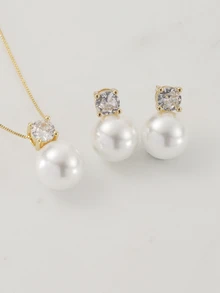 Clariva 3件套简约日常玻璃珍珠锆石耳钉项链套装，适合女性，可用于订婚派对、日常佩戴、母亲节、情人节等场合。 - 金黃色三件式 - 查看 3