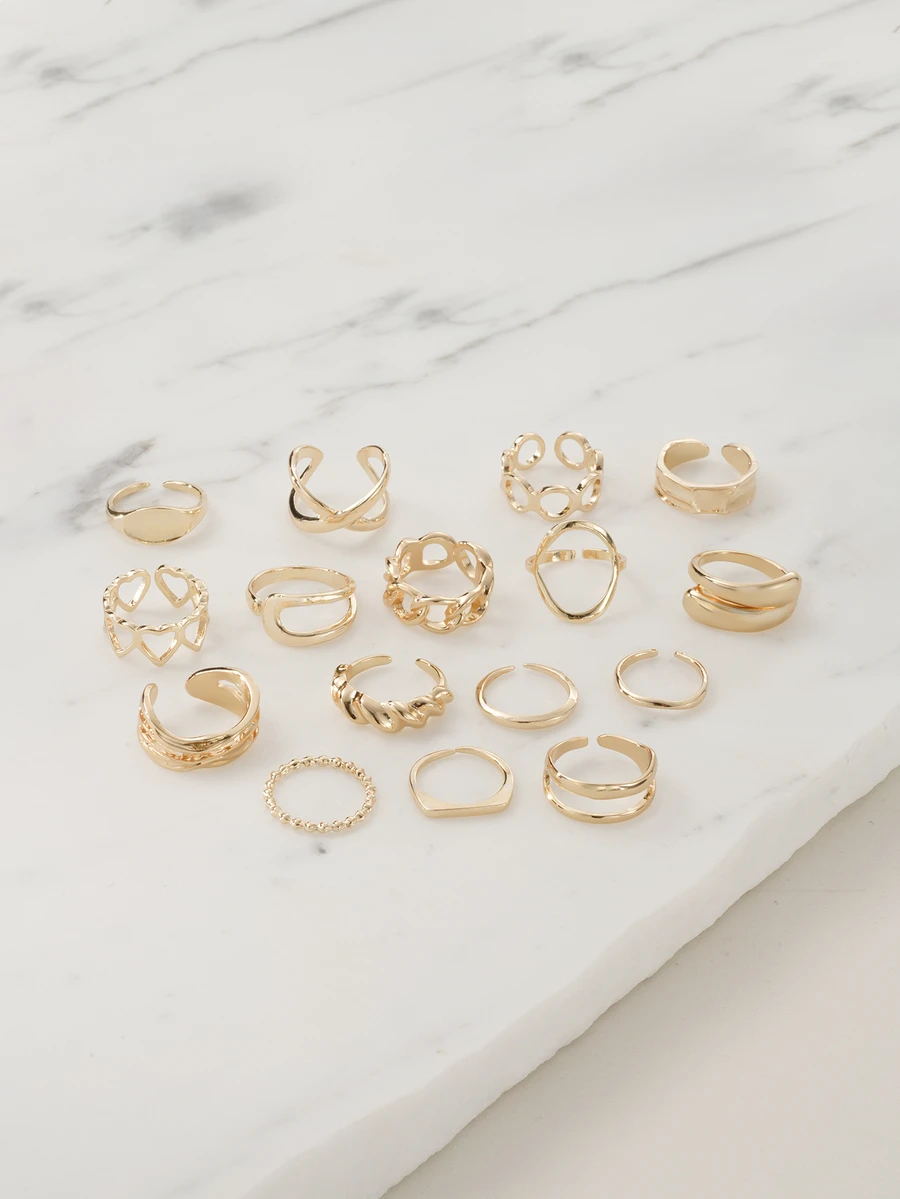 Clariva 16pcs/Set Punk Style Rings Set, Vintage Geometric Rings Set For Women, Fashionable Personalized Jewelry Gift, Suitable For Daily Outfit And Party Accessories - Gold - View 1
