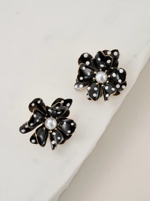 Clariva 优雅个性化夏季金属花朵耳环，经典黑白波点设计 - 彩色 - 查看 4