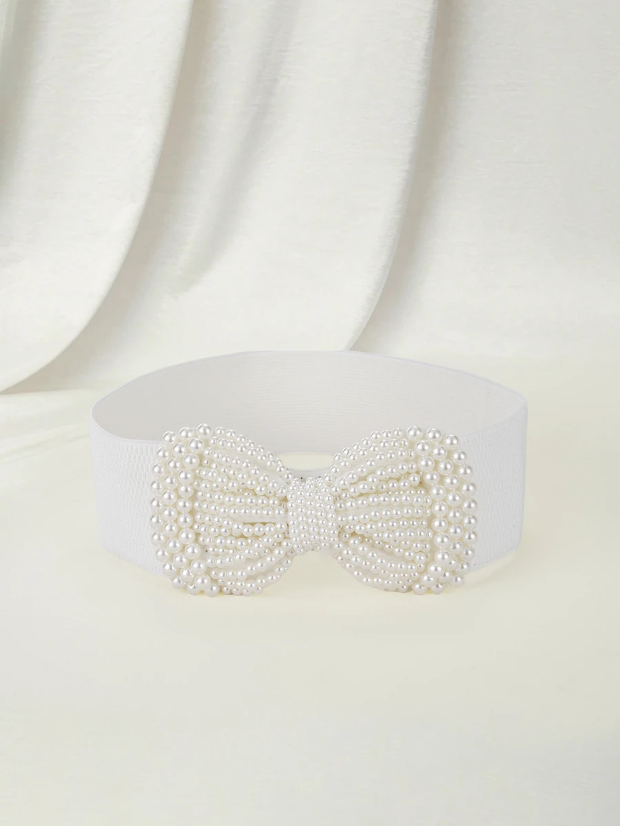 Clariva 1pc Ladies Elegant Elastic Waistband With Fashionable Elegant, Versatile Waist Corset, Wide Faux Pearl Large Bow Accessory Belt, Solid Color, Elegant Casual Polyester Women Waist Corset, Seasonal, Fashionable Bow, Casual Elegant Polyester Women Belt, Seasonal, Gift Birthday Halloween Valentine's Day Summer, School Fall, Autumn, Halloween - Multicolor - View 1