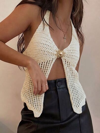 Women's Pure Color Halter Cut-Out Backless Front Slit Irregular Button Slim Fit Sexy Sheer Knitted Top Street Vacation Beach Outfit