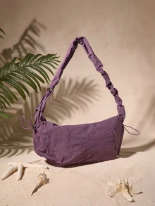 Tropiscape 1pc Nylon Fabric Multi-Pocket Dumpling Bag, Women's Casual Pleated Drawstring Diagonal Shoulder Bag, Soft & Slouchy Bohemian Style Hobo Bag, Suitable For Women Shopping, Commuting And Daily Use, Japanese Style , Bohemian Outfit For Women , Purple , Beach Cottagecore,SummerOutfit - Bold Plum - View 3