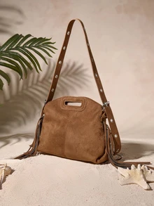 Tropiscape Túi đeo vai nữ thời trang mới, màu trơn, thiết kế tua rua tối giản, chất liệu giả da lộn cao cấp, túi xách tay và túi đeo chéo thanh lịch dành cho nữ, phù hợp để đi mua sắm, đựng ví, dạo phố, dành cho phụ nữ trẻ, sinh viên đại học, người mới đến, nhân viên văn phòng. Lý tưởng cho văn phòng, trường đại học, công việc, sự kiện kinh doanh, đi làm, hoạt động ngoài trời, du lịch và làm quà tặng cho bạn bè và gia đình. Phong cách Cottagecore, trang phục mùa hè. - màu nâu - Xem 2