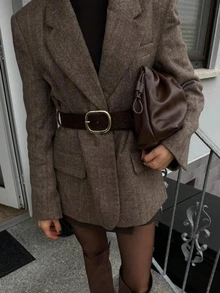 Fashionable Commuter Elegant Women's Spring/Autumn Herringbone Lapel Blazer With Belt - Camel - View 2