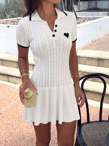 女士翻领撞色心形图案麻花针织修身腰部荷叶边下摆迷你连衣裙 - 休闲优雅百搭夏季服装 白色 - 白色 - 查看 4