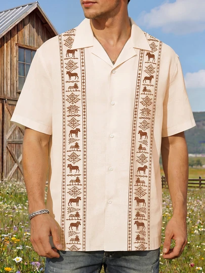 Men's Western Style Horse & Nature Element Embroidered Short Sleeve Shirt