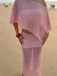 Bộ đồ hai mảnh dệt kim tối giản thanh lịch dành cho nữ, phong cách giản dị nhưng sang trọng, thích hợp cho mùa xuân/hè. - Hồng - Xem 6