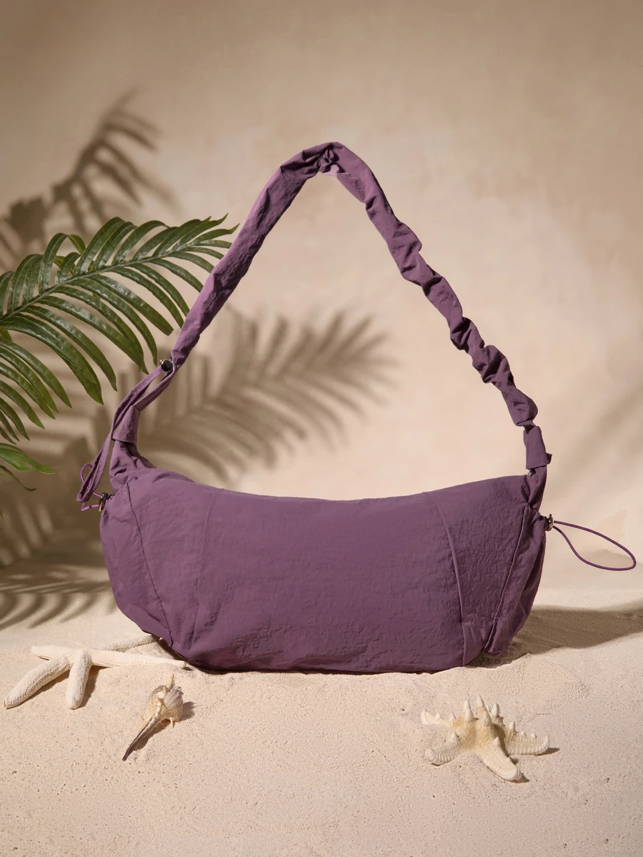 Tropiscape 1pc Nylon Fabric Multi-Pocket Dumpling Bag, Women's Casual Pleated Drawstring Diagonal Shoulder Bag, Soft & Slouchy Bohemian Style Hobo Bag, Suitable For Women Shopping, Commuting And Daily Use, Japanese Style , Bohemian Outfit For Women , Purple , Beach Cottagecore,SummerOutfit - Bold Plum - View 1