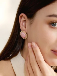 Clariva 1pair Fashionable Chic Cubic Zirconia Inlaid Square Stud Earrings For Women - Pink - View 3