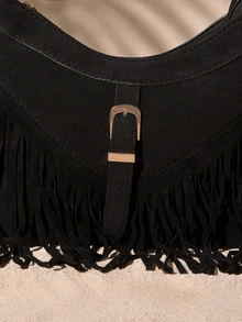 Tropiscape 1pc Black PU Leather Smooth Zipper Tassel Decor Fashion Versatile Casual Crossbody Bag, Suitable For Women's Daily Use Cottagecore,SummerOutfit - Black - View 5