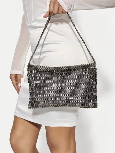 TuEzra 1个手工铆钉方形翻盖单肩包，闪亮串珠腋下包，简约复古女士手提包，适合通勤、宴会、派对、日常、休闲、校园、旅行，可搭配连衣裙、衬衫、T恤、连帽衫、牛仔裤、西装、外套。