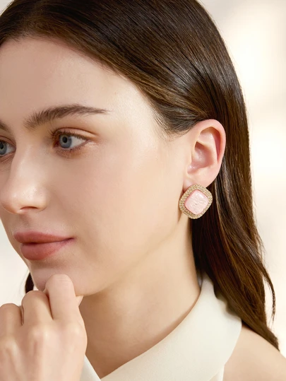 Clariva 1pair Fashionable Chic Cubic Zirconia Inlaid Square Stud Earrings For Women