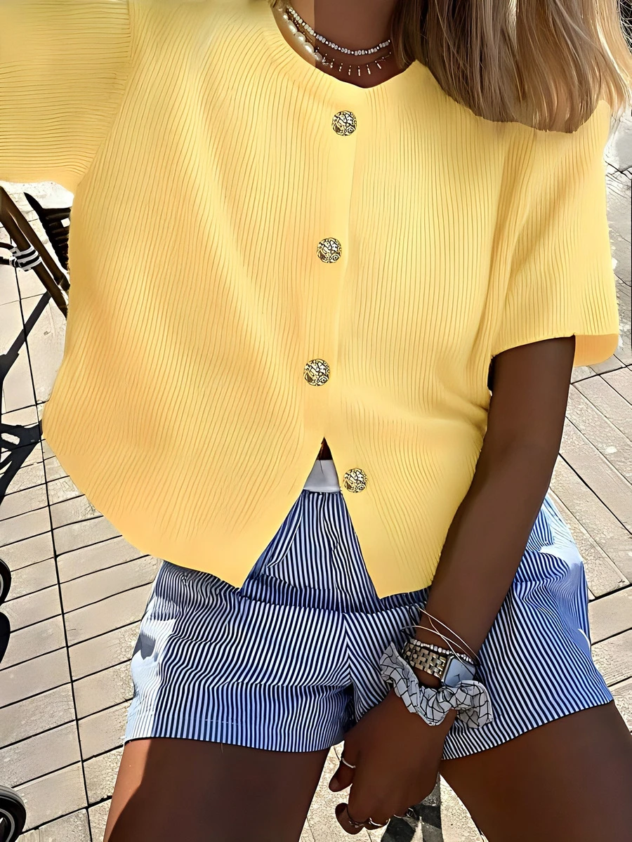 Cárdigan de punto de manga corta con cuello redondo y botones, de unicolor y holgado, para mujer, para verano y primavera - Amarillo - Ver 1