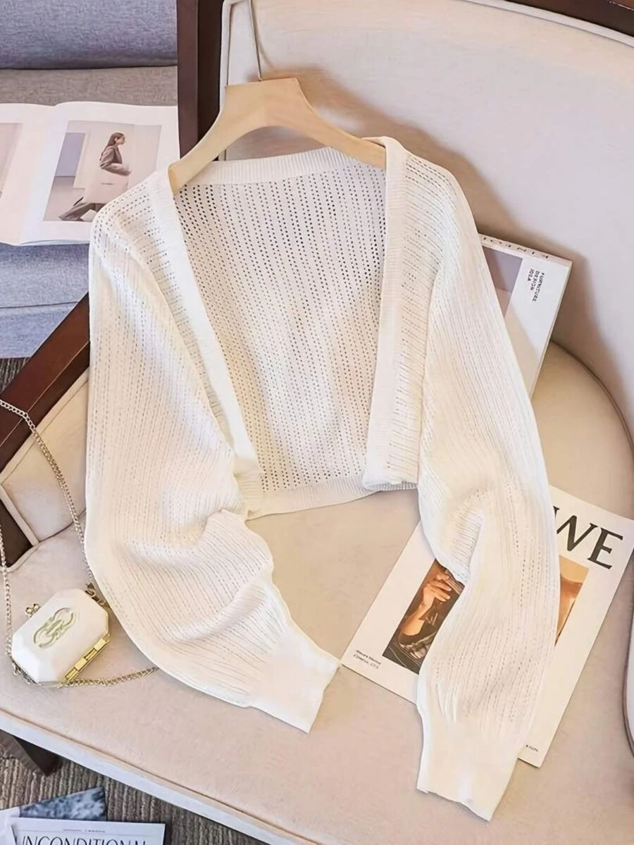 Áo khoác cardigan dệt kim tay dài cổ chữ V khoét lỗ dáng rộng dành cho nữ, thích hợp mặc mùa hè. - trắng - Xem 1