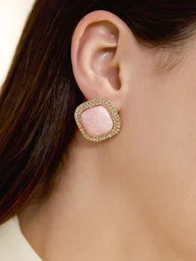 Clariva 1pair Fashionable Chic Cubic Zirconia Inlaid Square Stud Earrings For Women - Pink - View 2