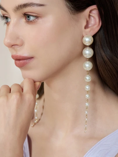 Clariva 1 Pair Long Tassel Earrings, Pearl Stud Earrings, Elegant & Fashionable Long Dangle Earrings, Holiday Accessories, Ideal Gift